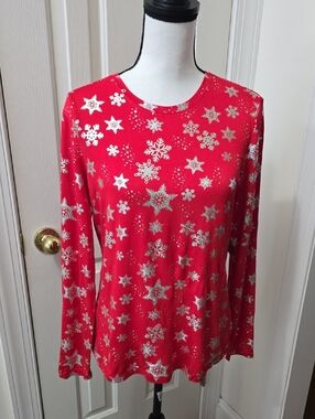 JOLLIDAYS BRAND WOMEN'S RED AND SILVER LONG SLEEVES TEE SHIRT SIZE MEDIUM